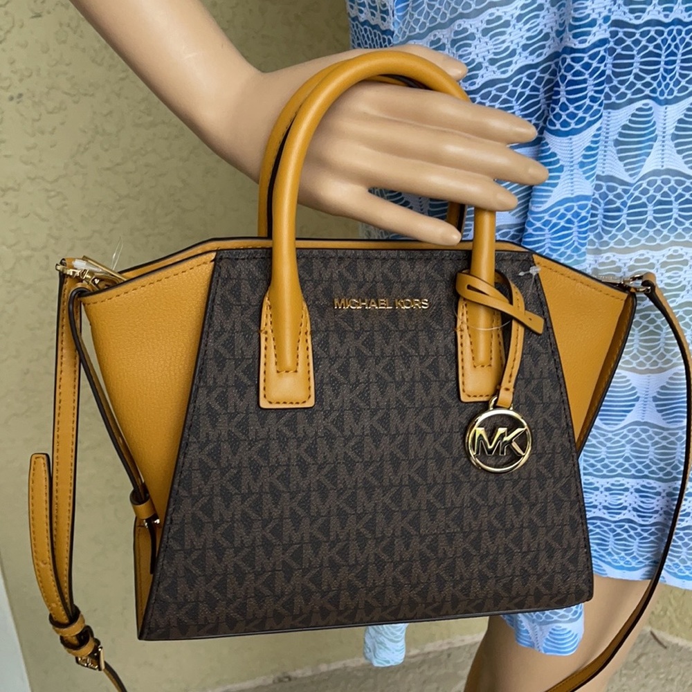 Michael Kors Avril Small Marigold Signature PVC Top Zip Satchel Crossbody Bag - Picture 7 of 16